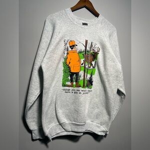 90s vintage crewneck graphic comedy hunting sweater made in Canada XL